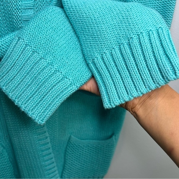 JNY Open Front Buttons Cable Knit Cardigan Teal Sz M Cotton Cottagecore Pocket - Picture 10 of 15
